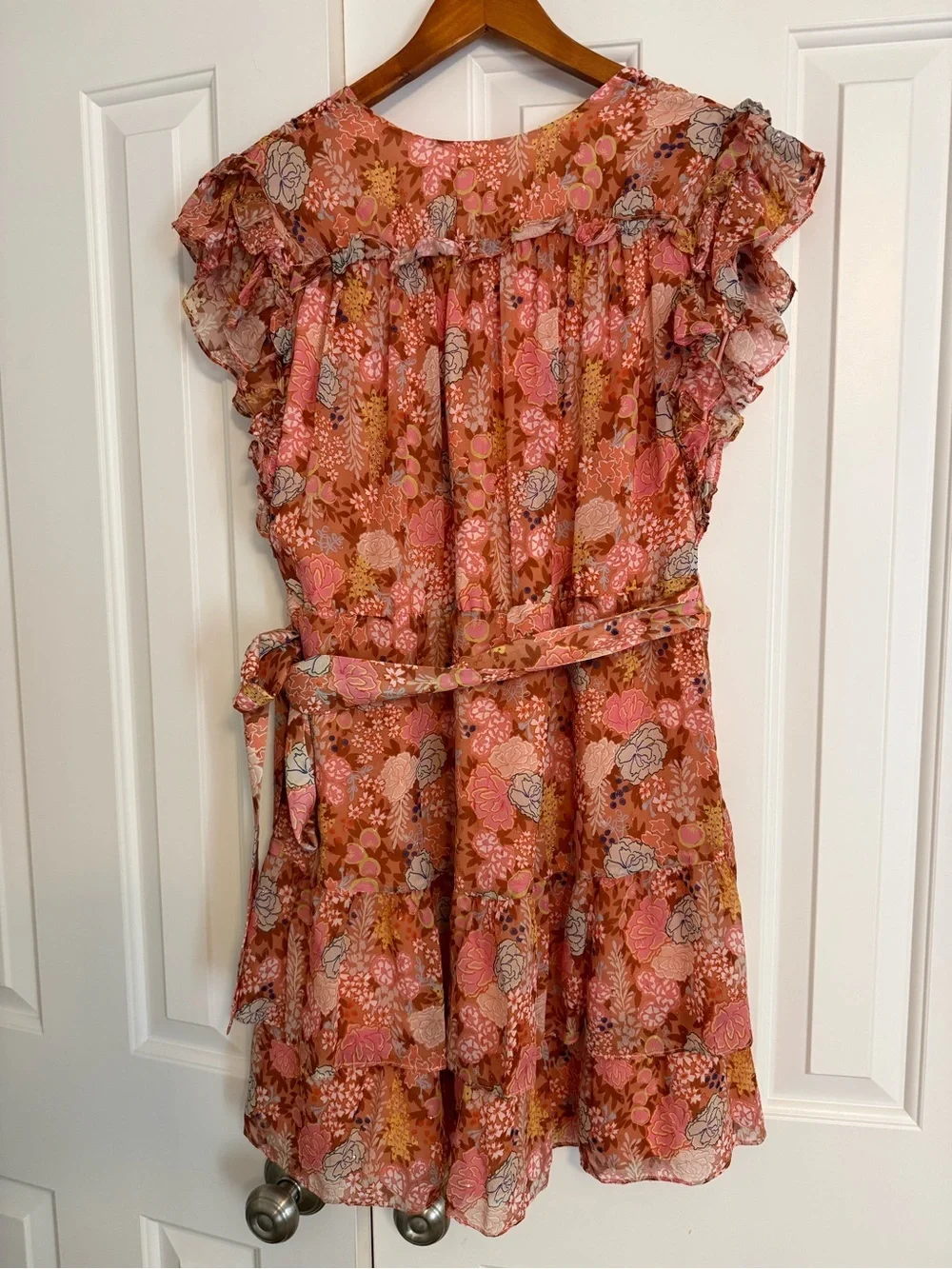 Marie Oliver Thea Ruffled Floral-Print Mini Dress Size Large Metallic Silk Blend